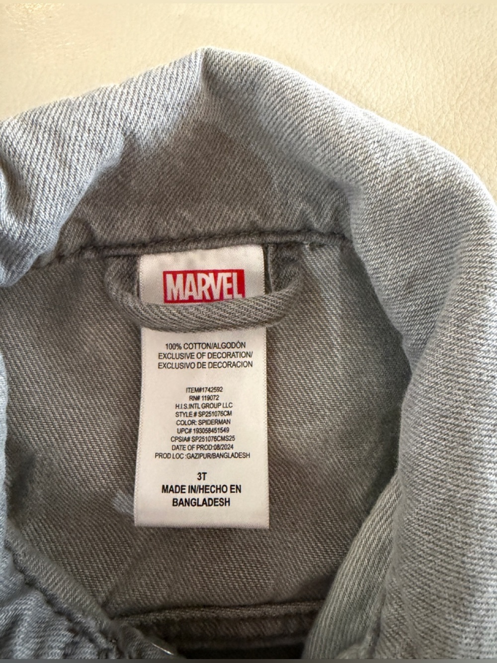 Marvel Kids' Gray Jean Jacket with Spider Emblem - Picture 3 of 3